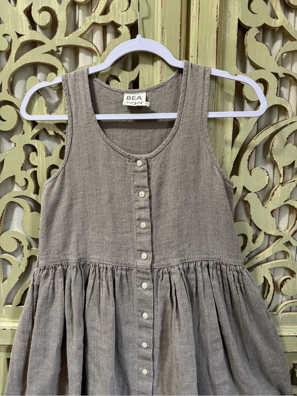 Beaton Linen Sleeveless Button-Front Linen Dress in Taupe